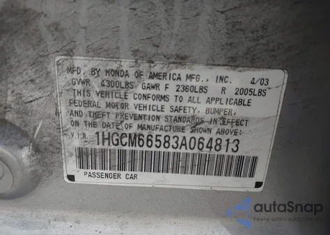 2003 Honda Accord 3.0 Ex из США, поврежденный, VIN 1HGCM66583A064813